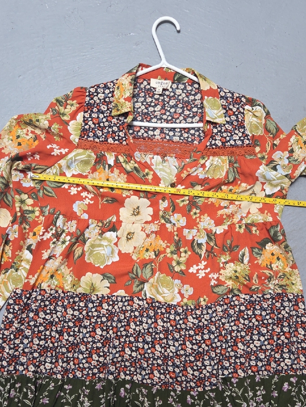 UMGEE Babydoll Teir Dress Rust Peasant Top Tunic Boho Floral Paisley Tiered Sz M - Picture 13 of 14
